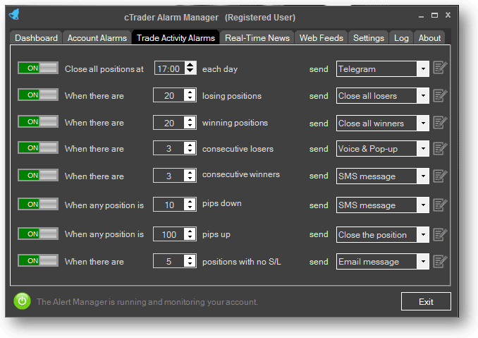 cTrader Alarm Manager Trade Activity Aalrms